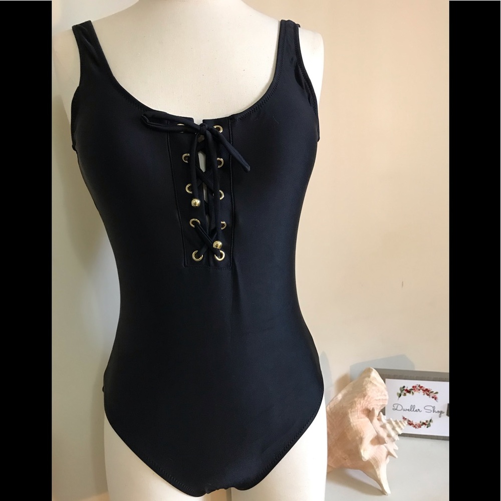 NWT Stunning Lace Up Front Black Swimsuit Sz Small